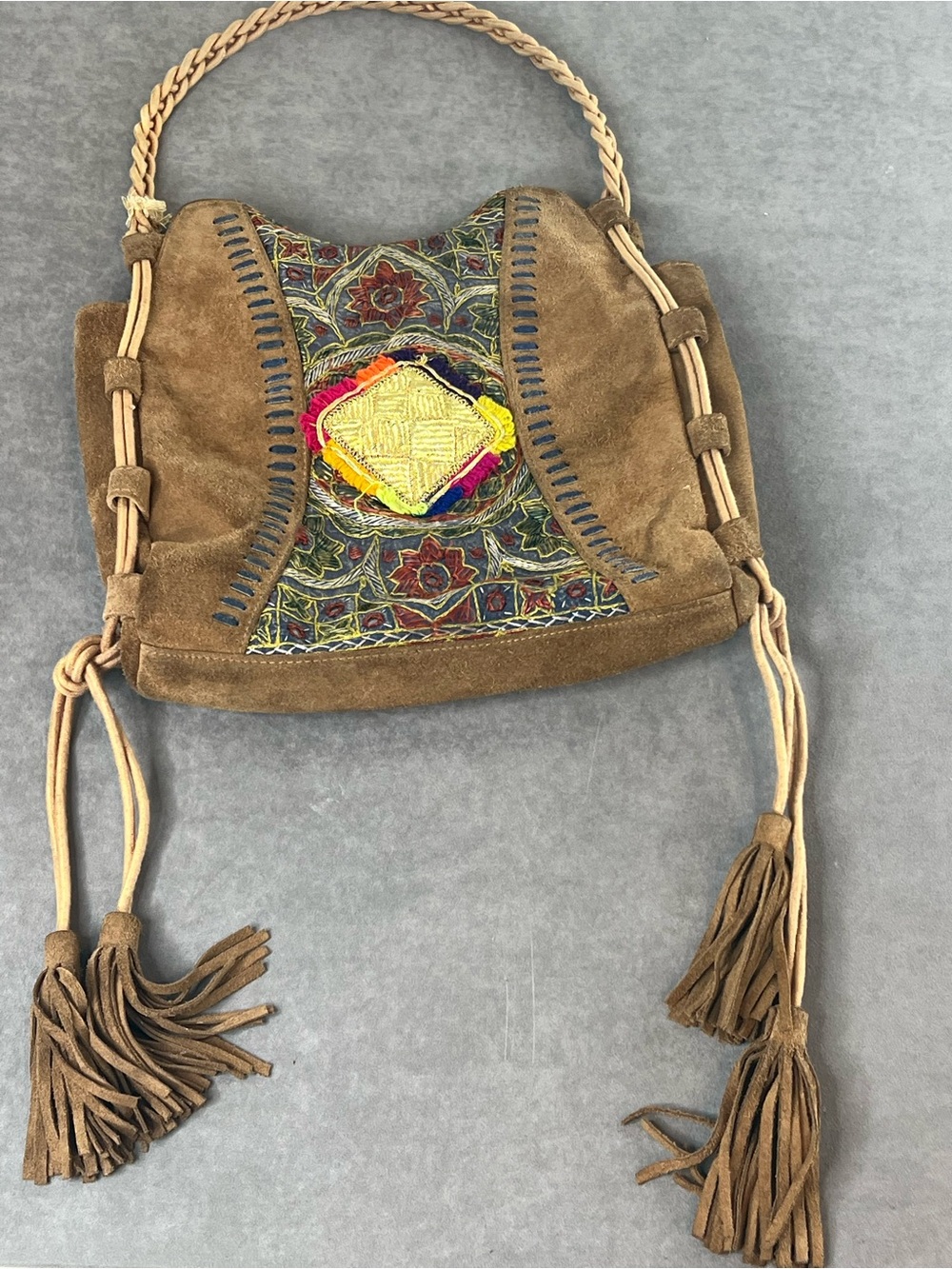 & Other Stories Brown Suede Shoulder Bag with Multicolor Embroidered Panel